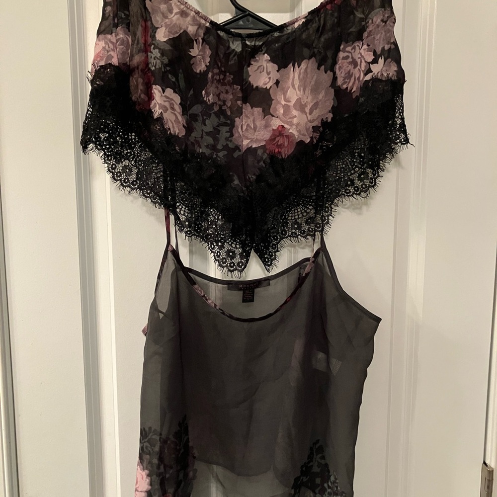 Floral Chiffon with Lace Trim Black and Mauve Sleepwear/Lingerie Set